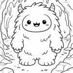 Omalovánka: roztomilý yetti v jeskyni, černobílá line art kresba k vytištění na A4.