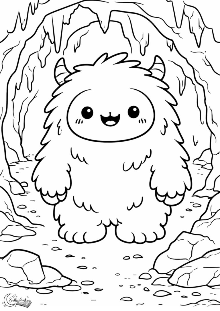 Omalovánka: Roztomilý Yetti v jeskyni