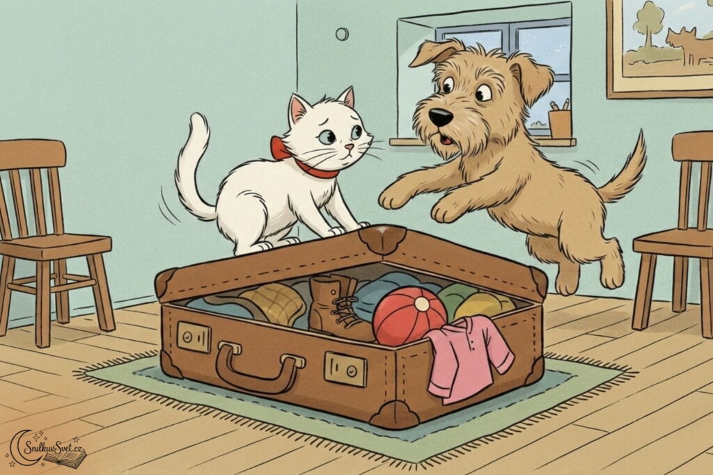 Ilustrace ve stylu Josefa Čapka k dětské knize „Povídání o pejskovi a kočičce“. Pejsek a kočička se snaží zavřít velký hnědý kufr v malém pokoji. Kočička na kufru sedí, pejsek na něj skáče.