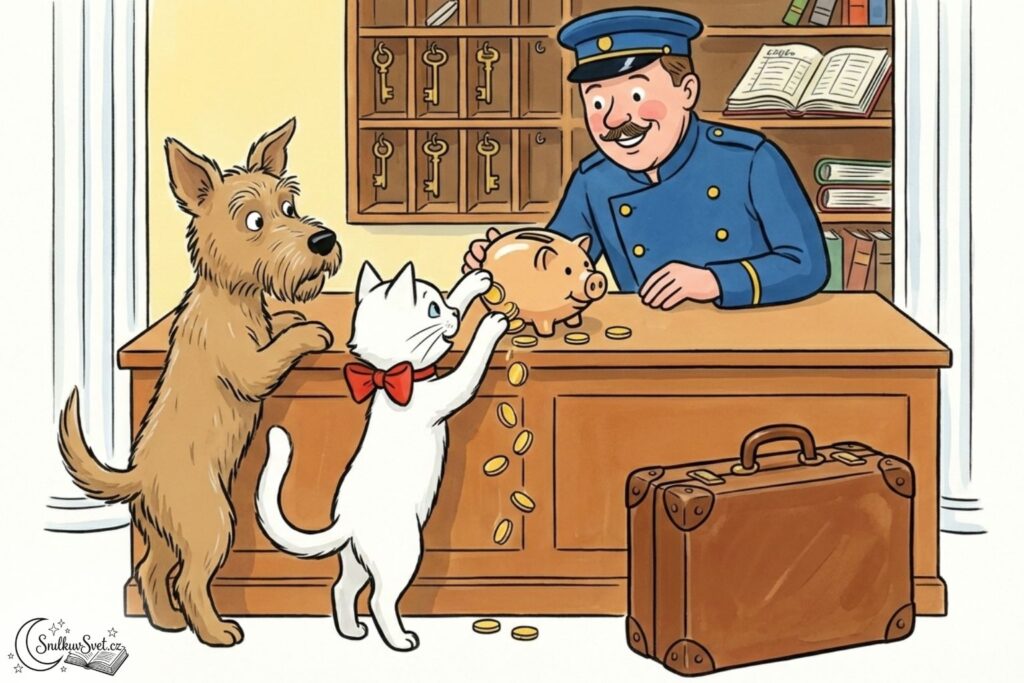 Ilustrace ve stylu Josefa Čapka k dětské knize „Povídání o pejskovi a kočičce“. Pejsek a kočička stojí u recepce a platí penízky z kasičky.