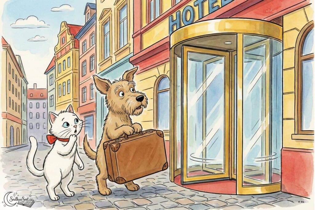 Barevná ilustrace v naivním stylu Josefa Čapka. Pejsek a kočička stojí před velkým hotelem a s úžasem hledí na skleněné točící se dveře (karusel). Pejsek má uši nahoru, kočička drží tlapku u pusy. Pejsek drží velký kufr.