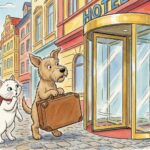 Barevná ilustrace v naivním stylu Josefa Čapka. Pejsek a kočička stojí před velkým hotelem a s úžasem hledí na skleněné točící se dveře (karusel). Pejsek má uši nahoru, kočička drží tlapku u pusy. Pejsek drží velký kufr.