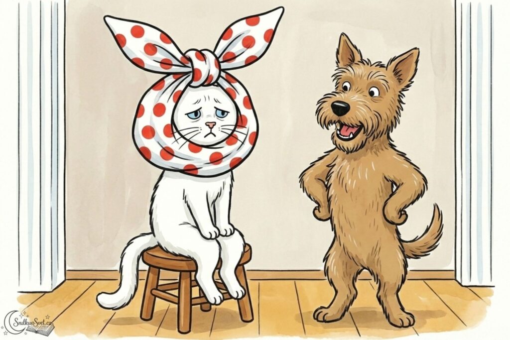 Ilustrace v čapkovském stylu: bílý pes vázal kočce kolem hlavy velký puntíkovaný šátek s uzlem na temeni.