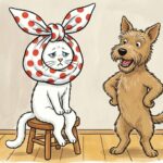 Ilustrace v čapkovském stylu: bílý pes vázal kočce kolem hlavy velký puntíkovaný šátek s uzlem na temeni.