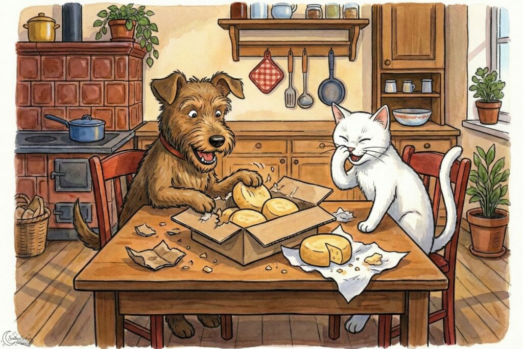 Naivní ilustrace pejska a kočičky u stolu. Pejsek radostně trhá krabici s kulatými syrečky, kočička stojí vedle a tlapkou si zakrývá nos kvůli silné vůni.