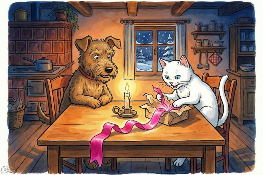 Ilustrace ve stylu Josefa Čapka: bílá kočička rozbaluje balíček, ze kterého splývá zářivá růžová stuha, hnědý pejsek se dívá, scéna u stolu při svíčce, v okně padá sníh.