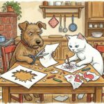 Ilustrace Josefa Čapka: pejsek s velkými nůžkami a kočička s pastelkou u stolu zavaleného papíry a ústřižky, uprostřed je potrhané papírové srdce.