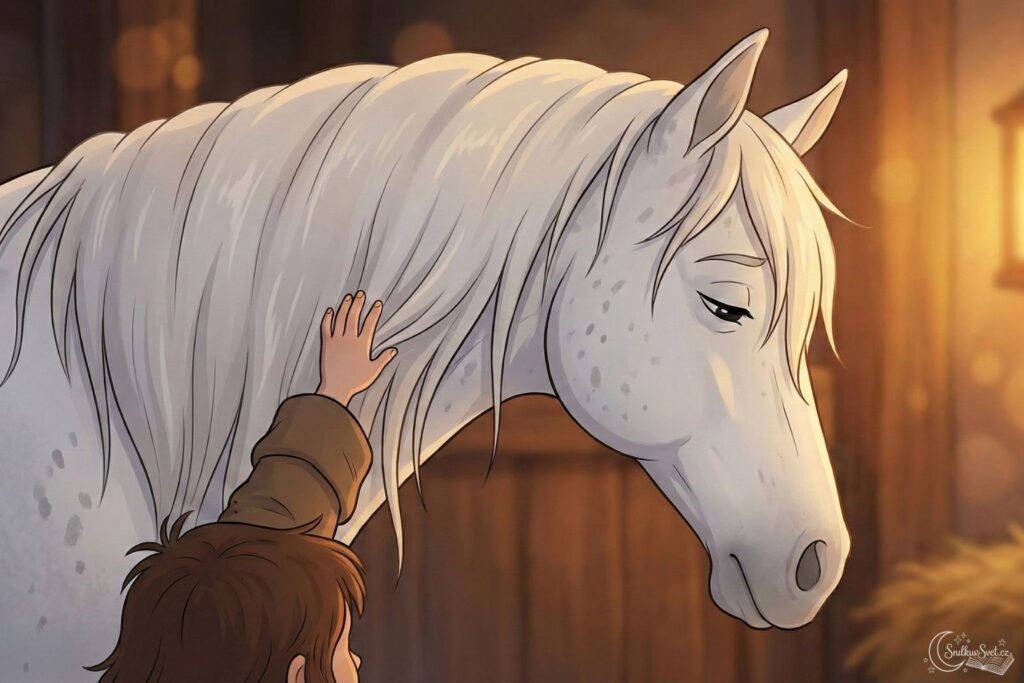 Detailní záběr v animovaném stylu na ruku malé dívky, která hladí krk bílého koně. Kůň má spokojeně přivřené oči a scéna vyzařuje klid a důvěru.