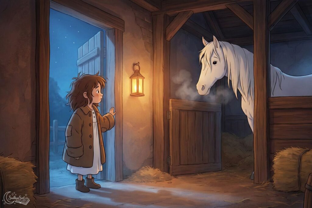 Ilustrace malé princezny v nadměrném kabátě, jak v noci vchází do teplé stáje k velké bílé klisně. Scéna je laděna do uklidňujících modrých a zlatavých tónů v moderním animovaném stylu.