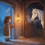 Ilustrace malé princezny v nadměrném kabátě, jak v noci vchází do teplé stáje k velké bílé klisně. Scéna je laděna do uklidňujících modrých a zlatavých tónů v moderním animovaném stylu.