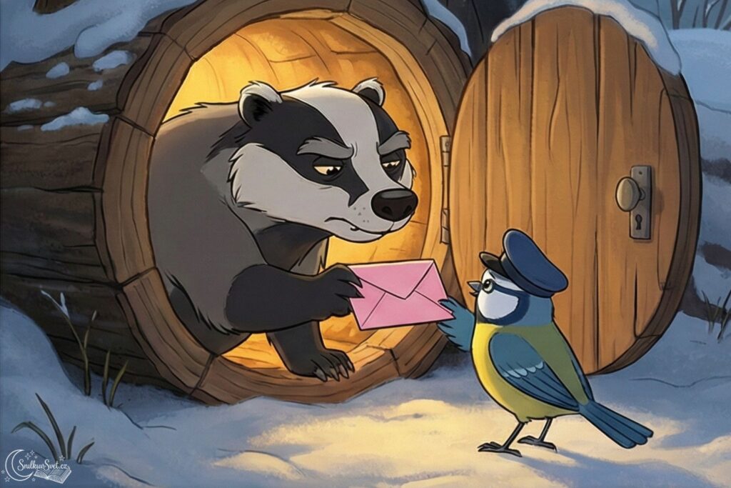 Z hromádky hlíny vykukuje černý krtek s brýlemi a udiveně si bere obálku od sýkorky, která přistála na okraji krtince.