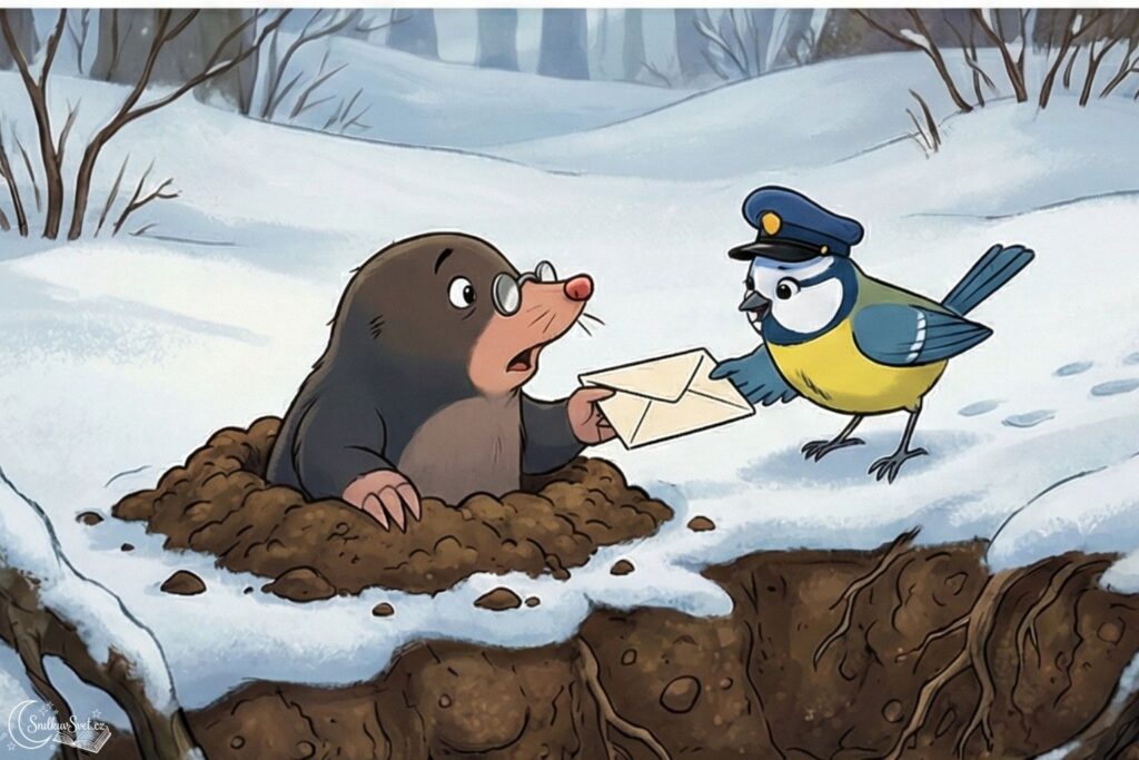 Kreslený krtek s brýlemi vylézá z krtince v zasněžené krajině a přebírá dopis od sýkorky pošťačky.