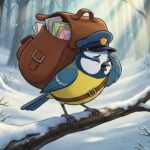 Ilustrace sýkorky v modré pošťácké čepici s plnou brašnou dopisů v zimním lese, moderní Disney 2D styl.