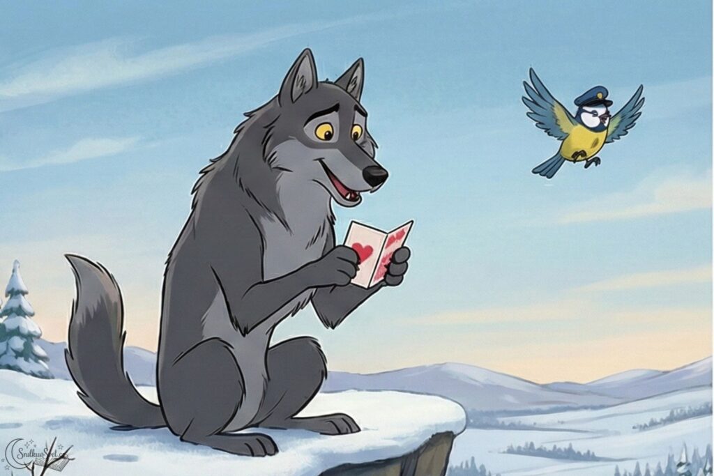 Velký vlk drží v tlapách valentýnku a usmívá se, malá sýkorka odlétá pryč, moderní 2D animovaný styl.