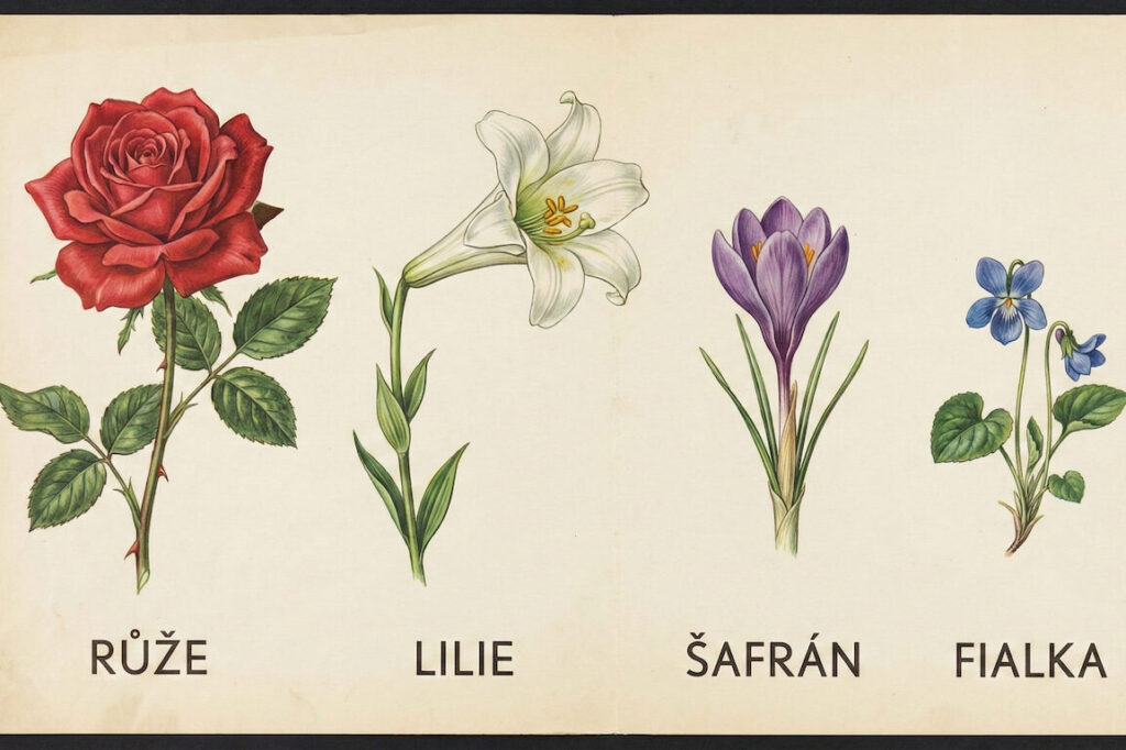 Čtyři květiny vedle sebe: červená růže, bílá lilie, fialový šafrán a modrá fiala.