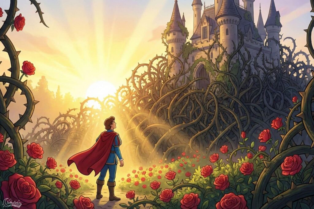 Mladý princ bez zbraně stojí před obrovskou hradbou trní, které se mění v červené růže. V pozadí prosvítají věže zámku.