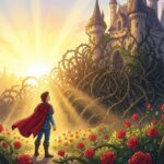 Mladý princ bez zbraně stojí před obrovskou hradbou trní, které se mění v červené růže. V pozadí prosvítají věže zámku.