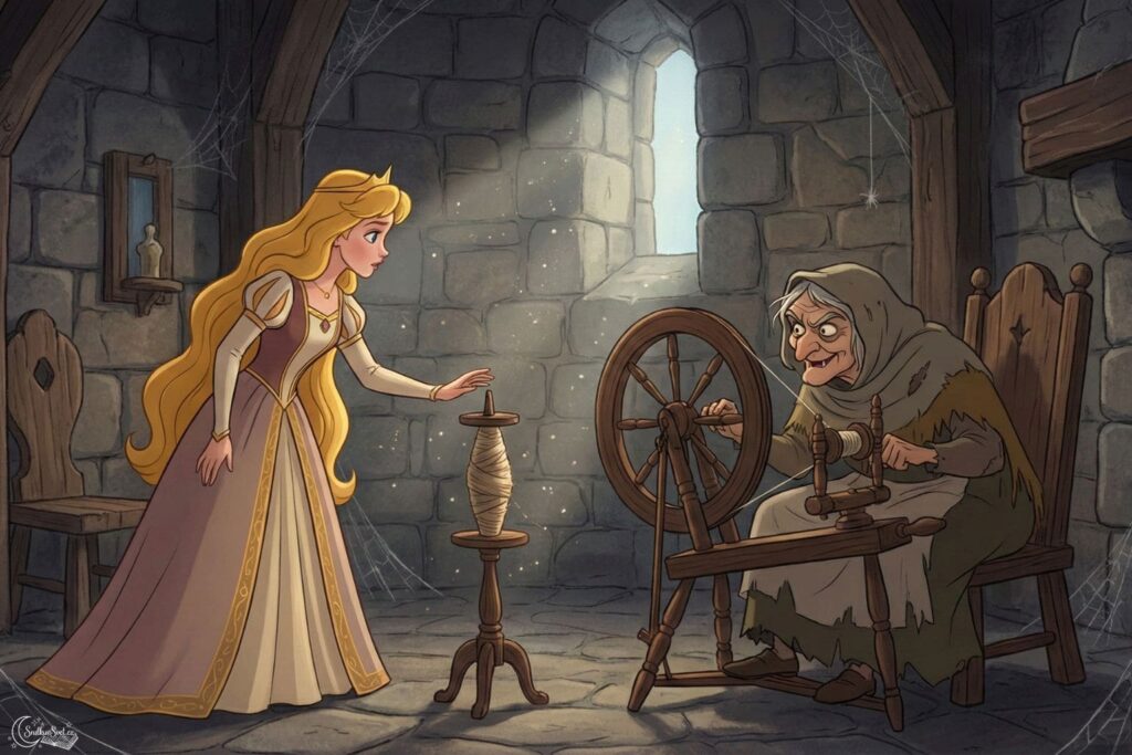 Princezna Růženka sahá na staré dřevěné vřeteno v kamenné věži. Naproti ní sedí shrbená stařena u kolovratu.