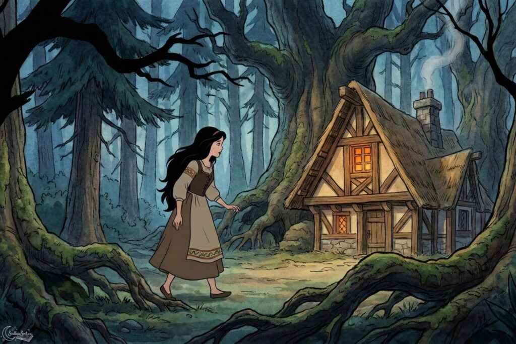 Sněhurka kráčí temným lesem a objevuje malou, útulnou chaloupku sedmi trpaslíků s rozsvíceným oknem.