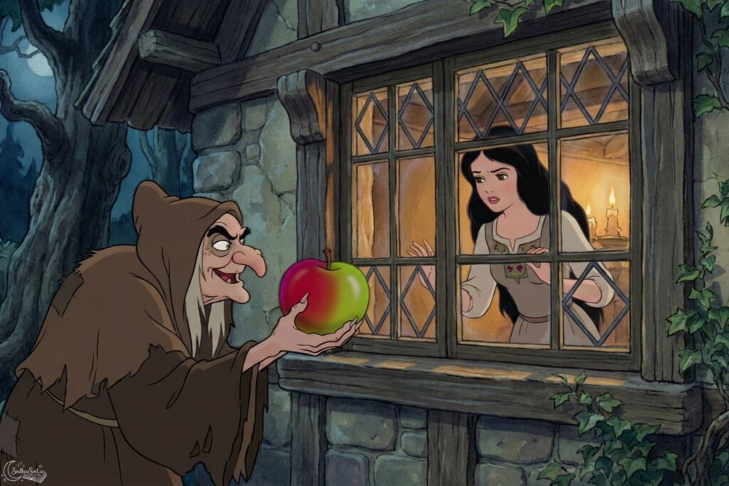 Zlá královna v přestrojení za starou selku podává oknem Sněhurce otrávené jablko, které je z poloviny červené a z poloviny zelené.