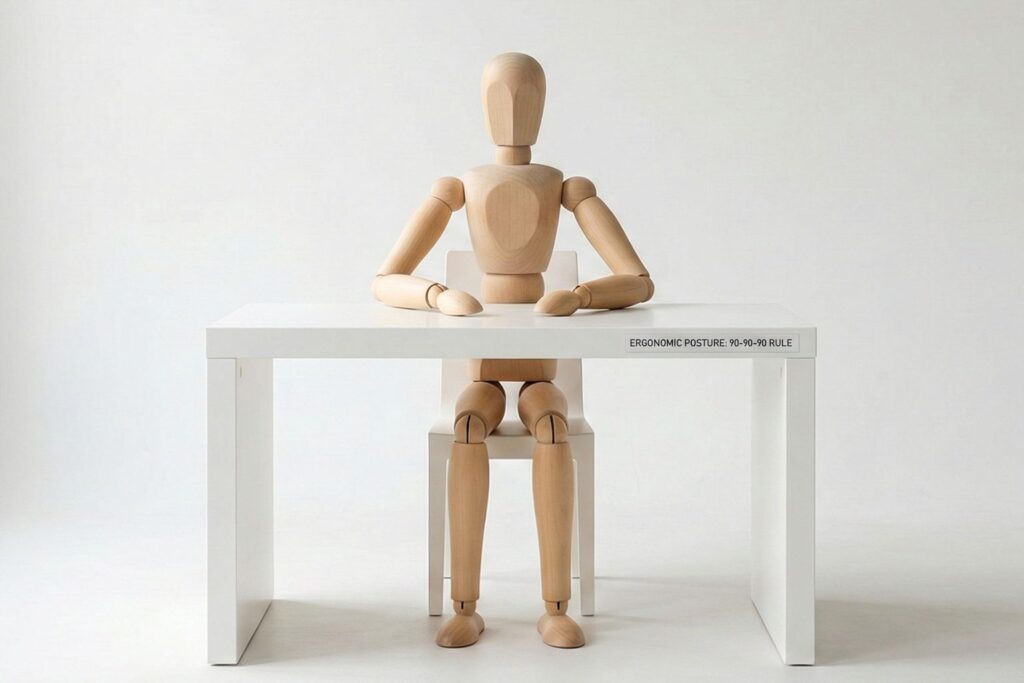 Dřevěná figurína sedící u stolu demonstrující pravidlo pravých úhlů v kolenou, bocích a loktech.