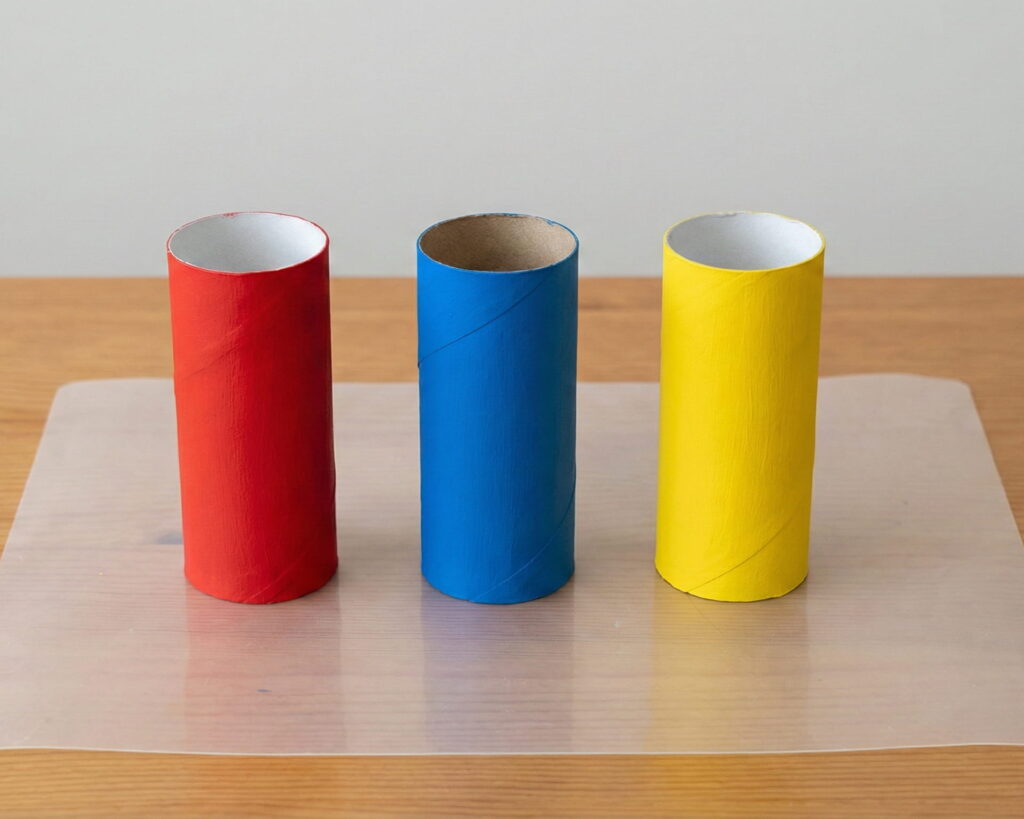 Tři papírové ruličky čerstvě natřené sytou červenou, modrou a žlutou barvou na ochranné podložce