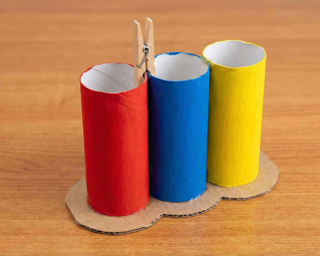 Nabarvené ruličky slepené k sobě na kartonové základně, zajištěné dřevěným kolíčkem na prádlo pro lepší zaschnutí.