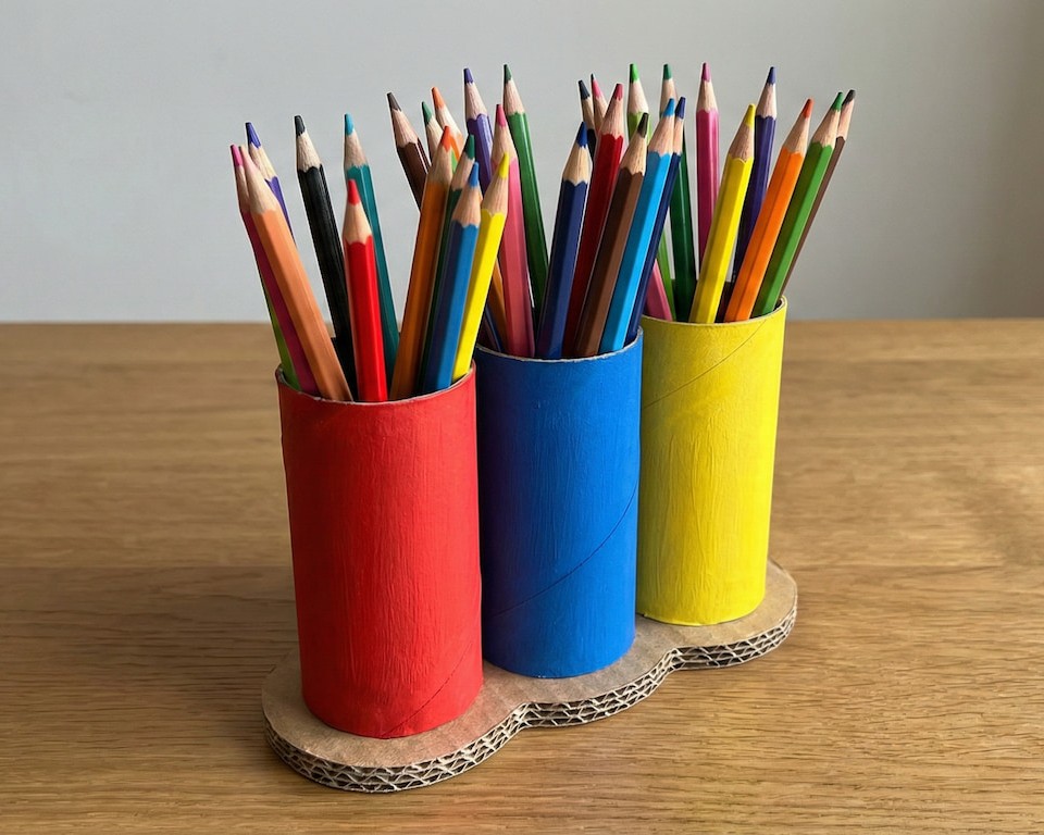 Barevný stojánek ze tří ruliček naplněný pestrobarevnými pastelkami na dřevěném stole.
