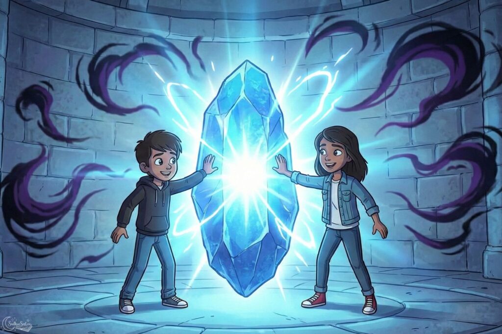 Závěrečná scéna, kde se dvě děti dotýkají obřího zářícího modrého krystalu v kryptě, jehož světlo rozhání temné stíny.