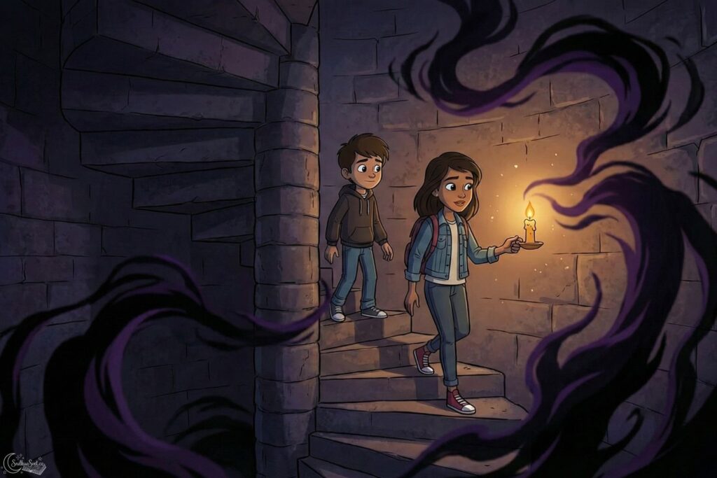 Ilustrace dvou dětí sestupujících po točitém kamenném schodišti uvnitř temného hradu, zatímco se kolem nich stahují fialové kouřové stíny.