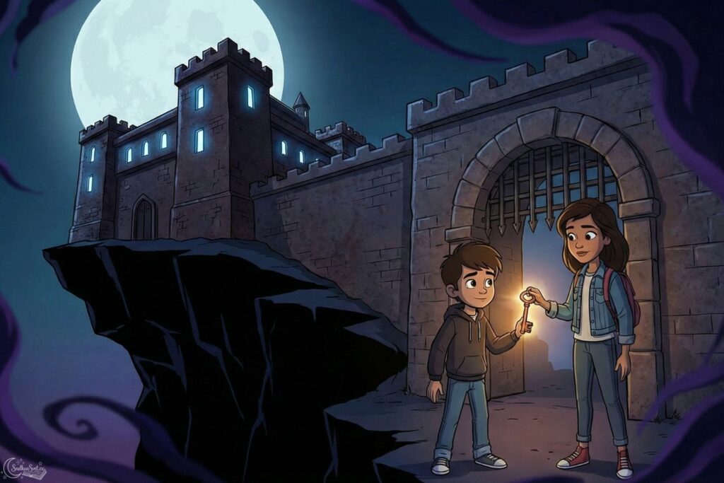 Kreslený obrázek v moderním Disney 2D stylu zobrazující dvě děti, chlapce a dívku, stojící před masivní kamennou branou temného hradu na útesu pod úplňkem.