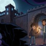 Kreslený obrázek v moderním Disney 2D stylu zobrazující dvě děti, chlapce a dívku, stojící před masivní kamennou branou temného hradu na útesu pod úplňkem.
