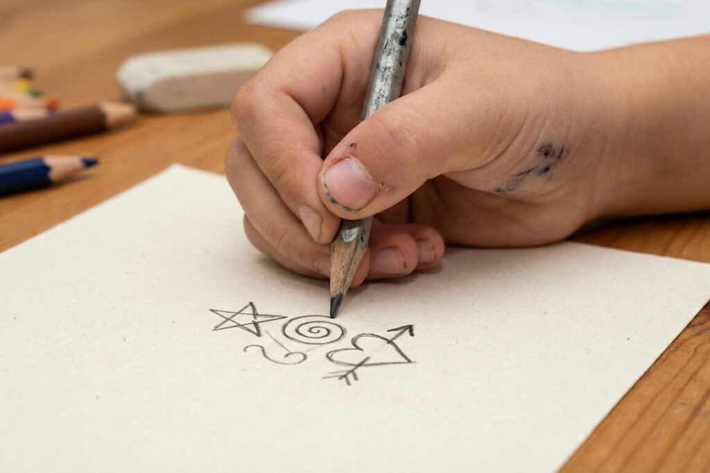 Papír s ručně psanými monogramy a symboly.