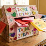 Kartonová poštovní schránka na Valentýna plná vzkazů a pastelky.