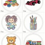 Přehledná tabulka s vizuálními ikonami lega, autíček a panenek pro označení úložných boxů v dětském pokoji.