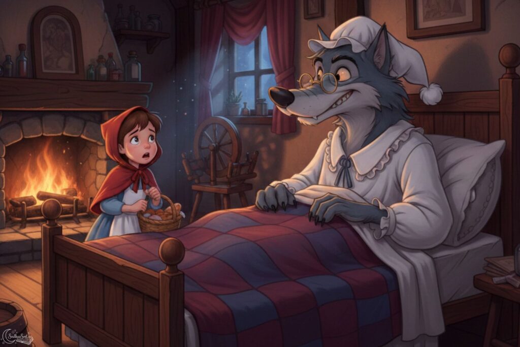Vlk převlečený za babičku leží v posteli a dívá se na překvapenou Karkulku.