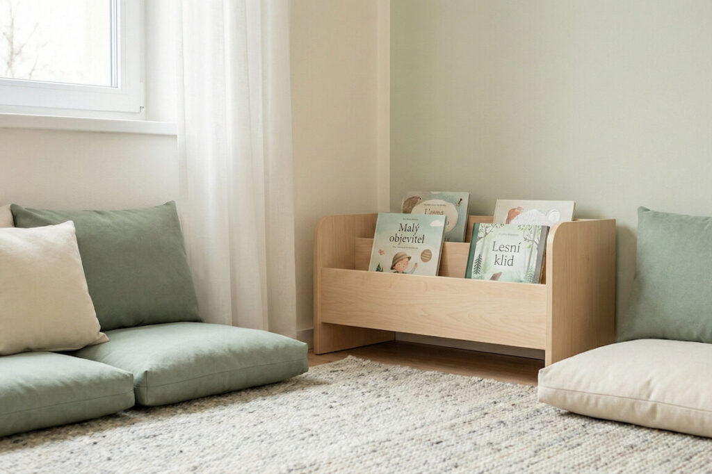 Útulný čtenářský koutek v mateřské škole s polštáři a knihami pro odpočinek dětí.