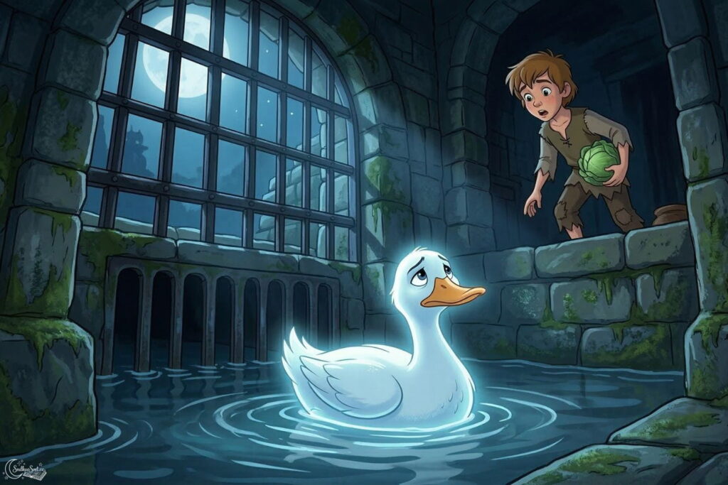 Zářivě bílá kachna plave u mříže hradní kuchyně a mluví k vyděšenému kuchtíkovi.