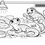 Omalovánka dvě ještěrky sedící na kameni a větvi v teráriu s lampou, kaktusem a miskou s vodou