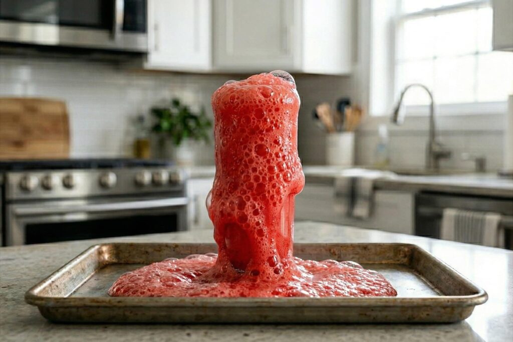 Červená pěna překypující přes okraj vysoké sklenice na tác v kuchyni.