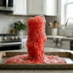 Červená pěna překypující přes okraj vysoké sklenice na tác v kuchyni.