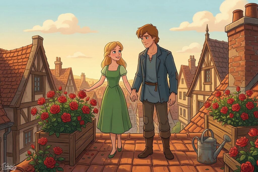 Dospělá Gerda a dospělý Kaj stojí ruku v ruce na střešní terase mezi rozkvetlými červenými růžemi, v pozadí jsou střechy starého města zalité sluncem.