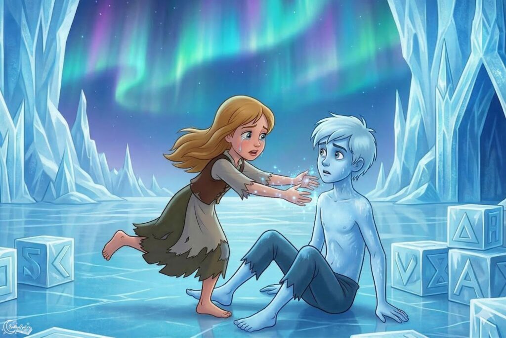 Gerda objímá chladného Kaje v obrovském ledovém paláci pod polární září a svými slzami mu rozehřívá srdce.