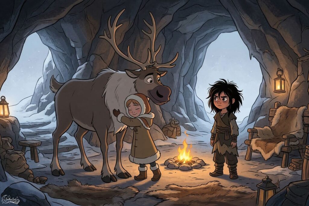 Malá Gerda v zimním kabátku se loučí s loupežnickou dcerkou a objímá soba, který ji odveze na sever.