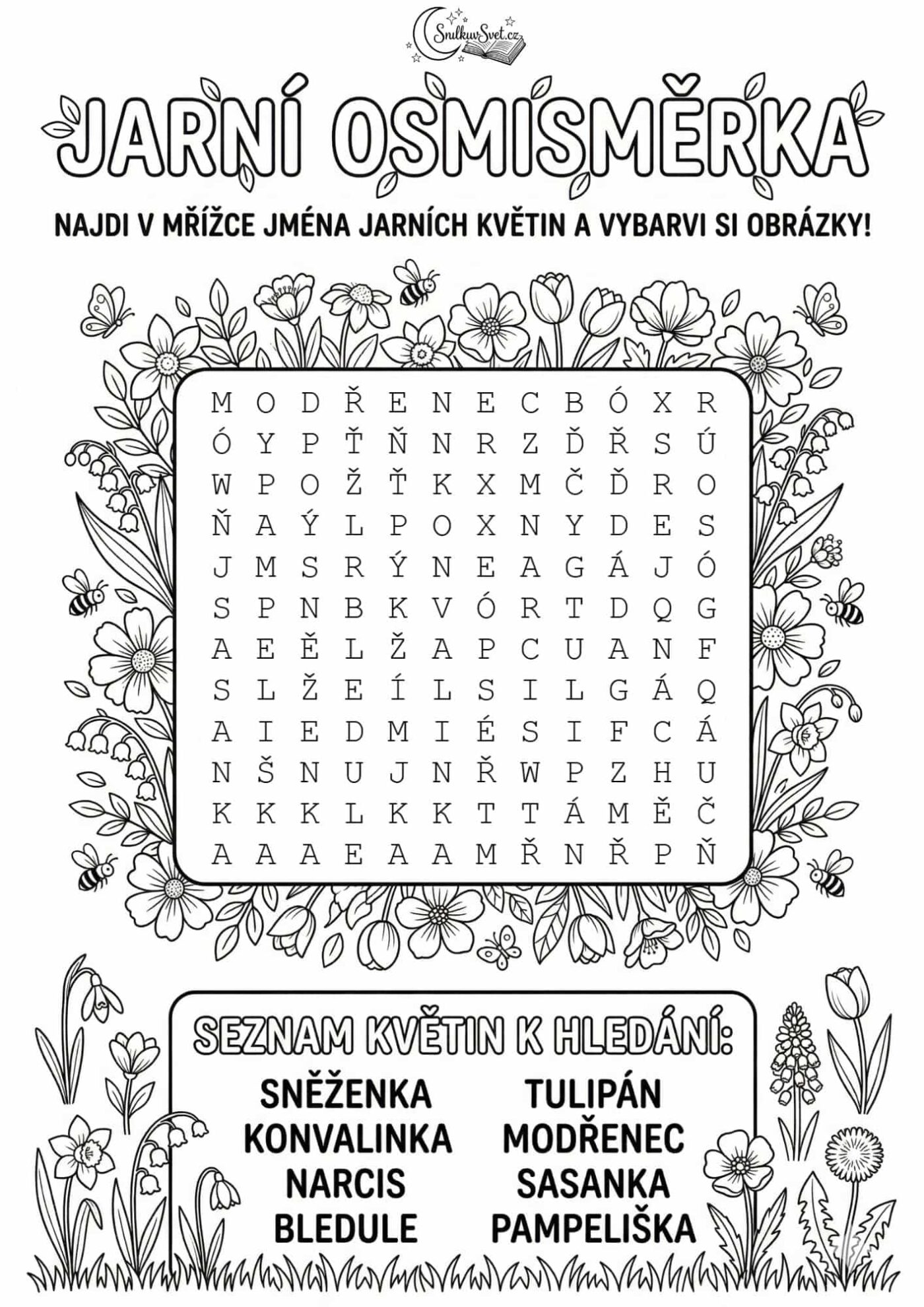 Jarní osmisměrka: Najdi jména květin a vybarvi