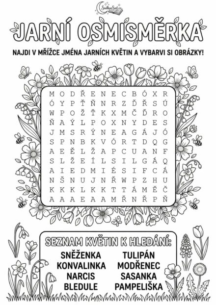 Jarní osmisměrka: Najdi jména květin a vybarvi