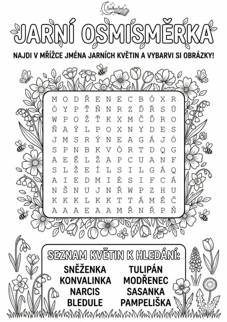 Jarní osmisměrka: Najdi jména květin a vybarvi