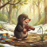 Roztomilý krtek s fénem a ježek u první sněženky v lese, kde taje sníh a svítí slunce.