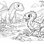 Omalovánka s malým dinosaurusem Marasuchus s chmýřím, v pozadí velký dinosaurus a krajina středního triasu.