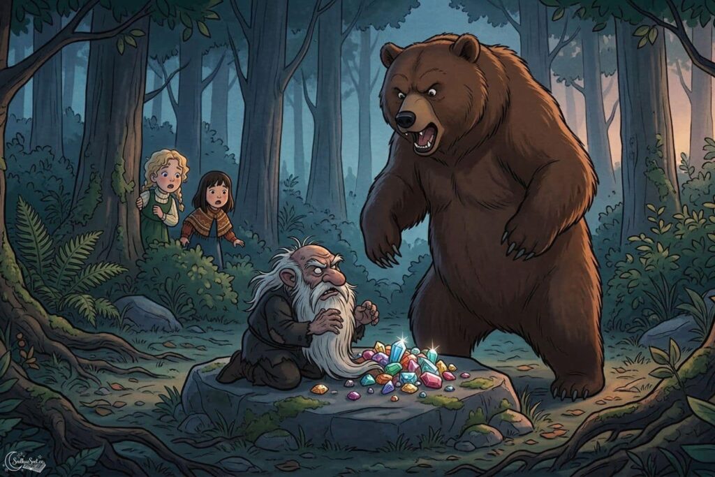Černý medvěd stojí na zadních tlapách v lese a hrozivě se tyčí nad zlým trpaslíkem s dlouhými bílými vousy, který sedí u hromady drahokamů.